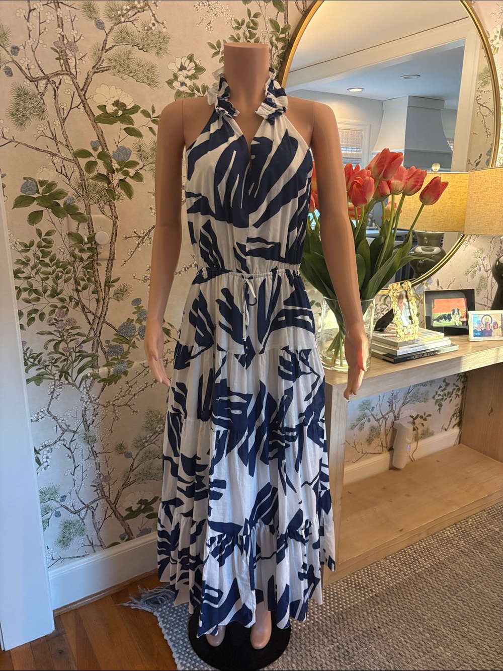 Navy & White Halter Maxi Dress with Abstract Print